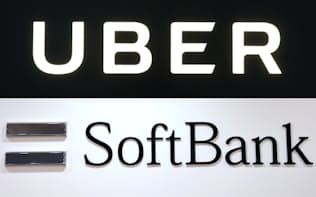 UBER（上）とソフトバンクのロゴ