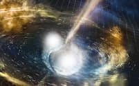 中性子星どうしが合体する際に強い重力波が放射され、合体直後は物質がジェットのように噴出する。画像はイメージ。画像提供はNSF/LIGO/Sonoma State University/A. Simonnet 