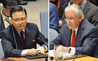 国連安保理の閣僚級会合に出席した北朝鮮の慈成男国連大使（写真左）と、発言するティラーソン米国務長官（15日、ニューヨーク）=共同