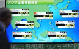 大幅に下落したアジアの主要株価が表示されるボード（6日午後、東京都中央区）