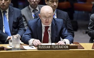 米英仏のシリア攻撃を非難するロシアのネベンジャ国連大使（ニューヨークの国連本部）=国連提供