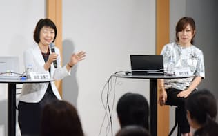 「WOMAN EXPO TOKYO 2018」で講演するカルビーの鎌田由美子上級執行役員(左)とグーグル日本法人の岩村水樹専務執行役員CMO（5月19日、東京都港区）