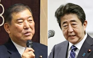 山口市であいさつする安倍首相（右）と鳥取県米子市で総裁選への決意を語る石破元幹事長（11日）=共同
