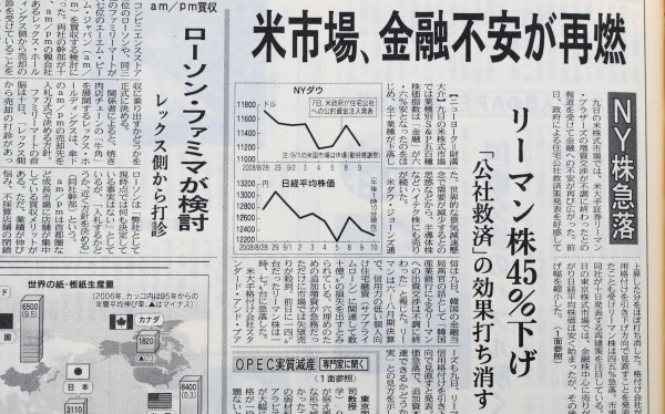 2008年9月9日 リーマン株 45 急落 日本経済新聞