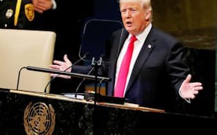 25日、国連総会で演説するトランプ米大統領（ニューヨーク）=ロイター