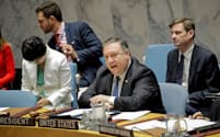 27日の国連安全保障理事会で対北朝鮮制裁の履行を求めたポンペオ米国務長官=ロイター
