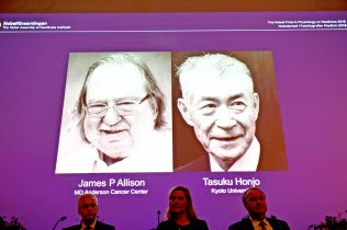 ノーベル生理学・医学賞の発表で本庶佑さんらの受賞が発表された=ロイター ノーベル生理学・医学賞の発表で本庶佑さんらの受賞が発表された=ロイター