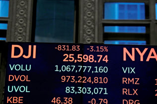 米国株の急落を伝えるニューヨーク証券取引所の株価ボード=ロイター 米国株の急落を伝えるニューヨーク証券取引所の株価ボード=ロイター