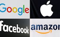 米IT大手はテックラッシュ対策の人材を求めている。左上から時計回りにグーグル、アップル、アマゾン、フェイスブックのロゴ