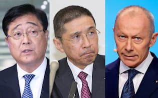 （左から）三菱自動車の益子CEO、日産の西川社長、仏ルノーのティエリー・ボロレCOO=ロイター