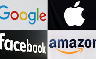 （左上から時計回りに）グーグル、アップル、アマゾン、フェイスブックのロゴ