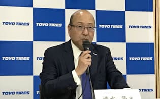 清水社長は社名変更を「第二の創業」と位置付ける（2018年11月、兵庫県伊丹市）