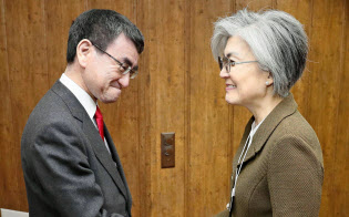 会談前に韓国の康京和外相(右)と握手する河野外相=23日、スイス・ダボス(共同) 会談前に韓国の康京和外相(右)と握手する河野外相=23日、スイス・ダボス(共同)