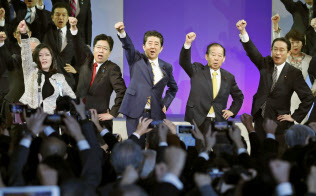 自民党大会で気勢を上げる安倍首相(中央)ら(10日午前、東京都内のホテル)=共同 自民党大会で気勢を上げる安倍首相(中央)ら(10日午前、東京都内のホテル)=共同