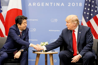 トランプ米大統領(右)と握手する安倍首相(2018年11月30日、ブエノスアイレス)=代表撮影・共同 トランプ米大統領(右)と握手する安倍首相(2018年11月30日、ブエノスアイレス)=代表撮影・共同