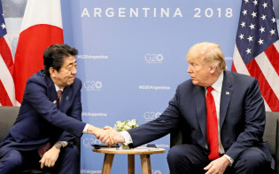 トランプ米大統領(右)と握手する安倍首相(2018年11月30日、ブエノスアイレス)=代表撮影・共同 トランプ米大統領(右)と握手する安倍首相(2018年11月30日、ブエノスアイレス)=代表撮影・共同
