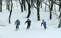 雪の感触を確かめながらスキーを楽しむオーストラリア人観光客（岩手県北上市の夏油高原スキー場）