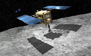 金属弾を打ち込んだクレーターの岩石を採取する「はやぶさ2」=想像図、JAXA、池下章裕氏提供 金属弾を打ち込んだクレーターの岩石を採取する「はやぶさ2」=想像図、JAXA、池下章裕氏提供