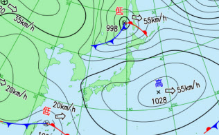 関東で春一番が吹いた3月9日午後3時の天気図。日本海の低気圧はあまり発達していない(気象庁作成) 関東で春一番が吹いた3月9日午後3時の天気図。日本海の低気圧はあまり発達していない(気象庁作成)