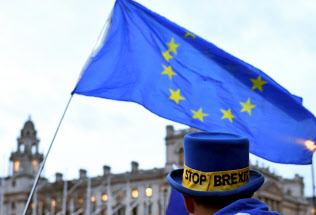 EU離脱に反対する人々の英国会議事堂前でのデモ(13日、ロンドン)=ロイター EU離脱に反対する人々の英国会議事堂前でのデモ(13日、ロンドン)=ロイター