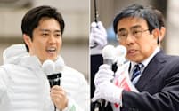 大阪府知事選が告示され、支持を訴える小西禎一氏（写真右）と吉村洋文氏（21日午前、大阪市中央区）