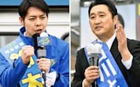 　北海道知事選が告示され、街頭演説する鈴木直道氏（左）と石川知裕氏=21日午前