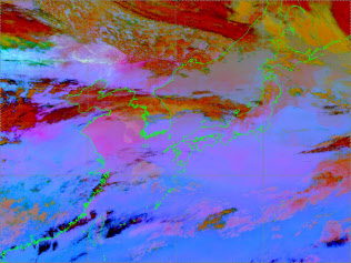 気象衛星「ひまわり」のダスト画像。ピンクが黄砂(4月6日午後5時、気象庁提供) 気象衛星「ひまわり」のダスト画像。ピンクが黄砂(4月6日午後5時、気象庁提供)