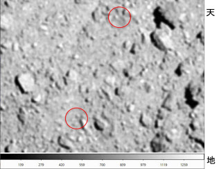 はやぶさ2が小惑星りゅうぐうの表面につくった小クレーターなどの地形変化(赤丸内、JAXA提供)=共同 はやぶさ2が小惑星りゅうぐうの表面につくった小クレーターなどの地形変化(赤丸内、JAXA提供)=共同