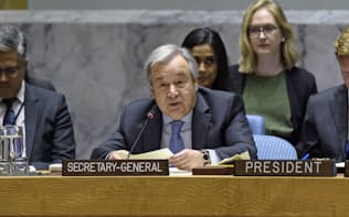 国連の安全保障理事会で話すグテレス事務総長（13日、ニューヨーク）=国連提供