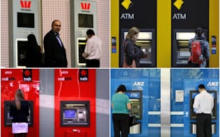 オーストラリアの四大銀行は変革を迫られている（各行のATM。左上から時計回りに、ウエストパック、コモンウェルス、ANZ、ナショナル・オーストラリア）=ロイター