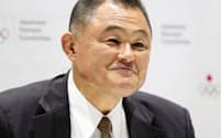 日本オリンピック委員会の新会長に選出され、記者会見する山下泰裕氏（27日）=共同