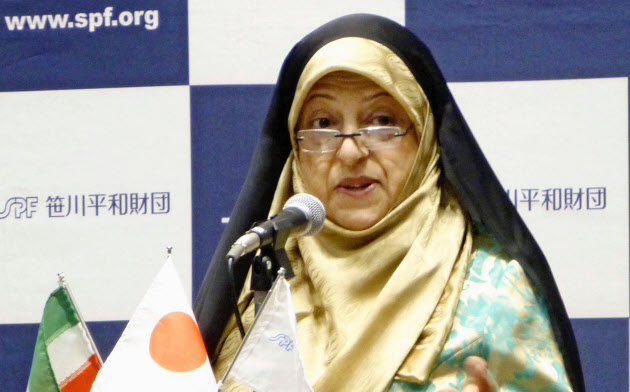 東京都内で講演するイランのエブテカール副大統領(6月27日)=共同 東京都内で講演するイランのエブテカール副大統領(6月27日)=共同