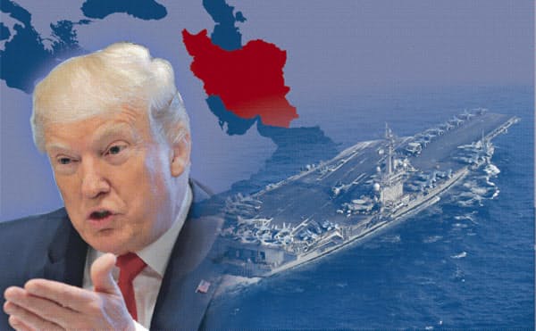 イラン沖などで民間船舶を護衛するため、米政権は有志連合の結成をめざす（コラージュ、米空母の写真は共同）