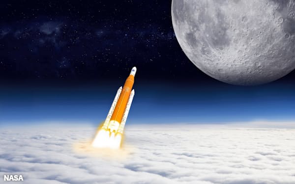 月への有人飛行に使われる大型ロケット「SLS」想像図(NASA提供)