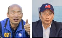 国民党の総統選候補に選ばれた庶民派の韓国瑜・高雄市長(左)と、離党しての出馬も取り沙汰される郭台銘氏（右)=共同
