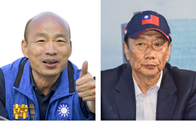 国民党の総統選候補に選ばれた庶民派の韓国瑜・高雄市長(左)と、離党しての出馬も取り沙汰される郭台銘氏(右)=共同 国民党の総統選候補に選ばれた庶民派の韓国瑜・高雄市長(左)と、離党しての出馬も取り沙汰される郭台銘氏(右)=共同