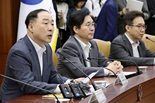 韓国の洪楠基・経済副首相兼企画財政相(左)(8日、ソウル)=聯合・共同