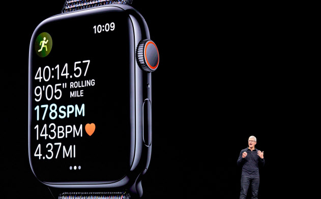 アップルウオッチについてプレゼンするティム・クック最高経営責任者(CEO)=ロイター アップルウオッチについてプレゼンするティム・クック最高経営責任者(CEO)=ロイター