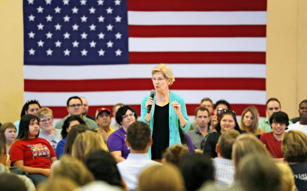 民主党のウォーレン上院議員(中央)は党候補に指名されれば、得票率でトランプ大統領を上回るかもしれない=AP 民主党のウォーレン上院議員(中央)は党候補に指名されれば、得票率でトランプ大統領を上回るかもしれない=AP