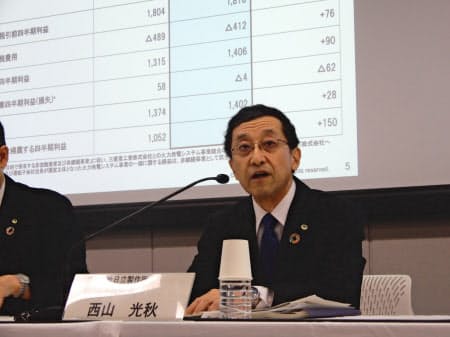 4~6月期決算を発表する日立の西山CFO(29日、都内)