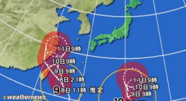 黄円は風速15m/s以上の強風域。赤円は風速25m/s以上の暴風域。白の点線は台風の中心が到達すると予想される範囲。薄い赤のエリアは暴風警戒域