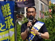 出陣式であいさつする大野元裕前参院議員(8日、埼玉県川口市) 出陣式であいさつする大野元裕前参院議員(8日、埼玉県川口市)