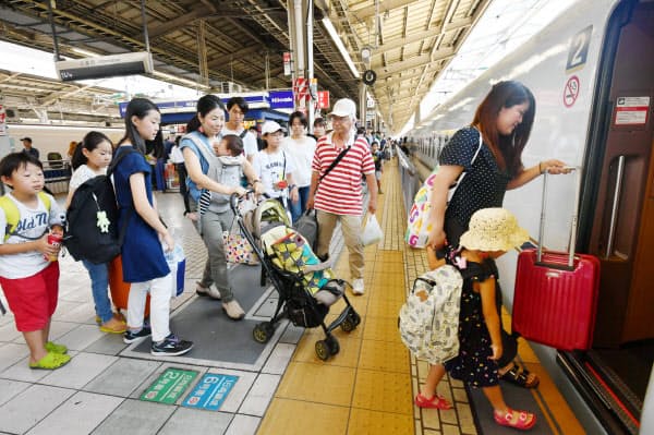 帰省客らで混雑する新幹線ホーム(10日午前、JR新大阪駅)