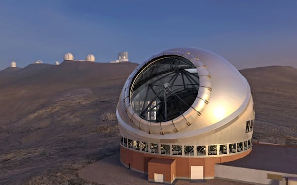 ハワイ島マウナケア山頂付近に建設予定の超大型望遠鏡「TMT」の完成予想図=TMT国際天文台提供