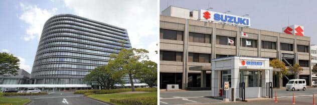 愛知県豊田市のトヨタ自動車本社(左)と浜松市のスズキ本社 愛知県豊田市のトヨタ自動車本社(左)と浜松市のスズキ本社