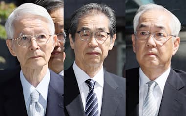 判決のため東京地裁に入る東京電力の（左から）勝俣恒久元会長、武黒一郎元副社長、武藤栄元副社長（19日午前）