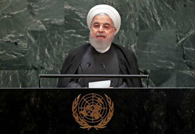 25日、国連で演説するイランのロウハニ大統領 25日、国連で演説するイランのロウハニ大統領