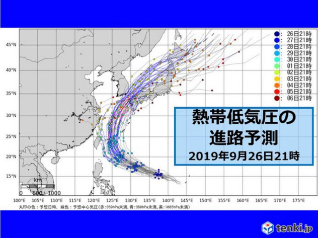 台風18号の進路予測(9月26日午後9時現在。多くが日本海北上を予想していた。欧州の気象機関の情報に基づき日本気象協会作成) 台風18号の進路予測(9月26日午後9時現在。多くが日本海北上を予想していた。欧州の気象機関の情報に基づき日本気象協会作成)