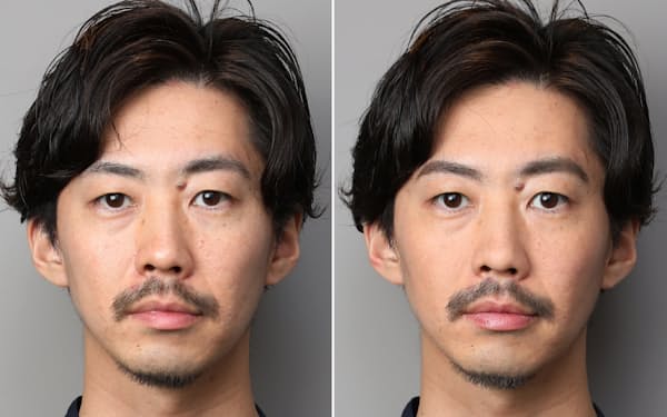 モデルになってくれた増田さんのメーク前（左）とメーク後。顔のてかりやくまが目立たなくなった=高井　潤撮影