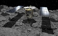 小惑星「りゅうぐう」に着陸する探査機「はやぶさ2」のイメージ=池下章裕氏・JAXA提供